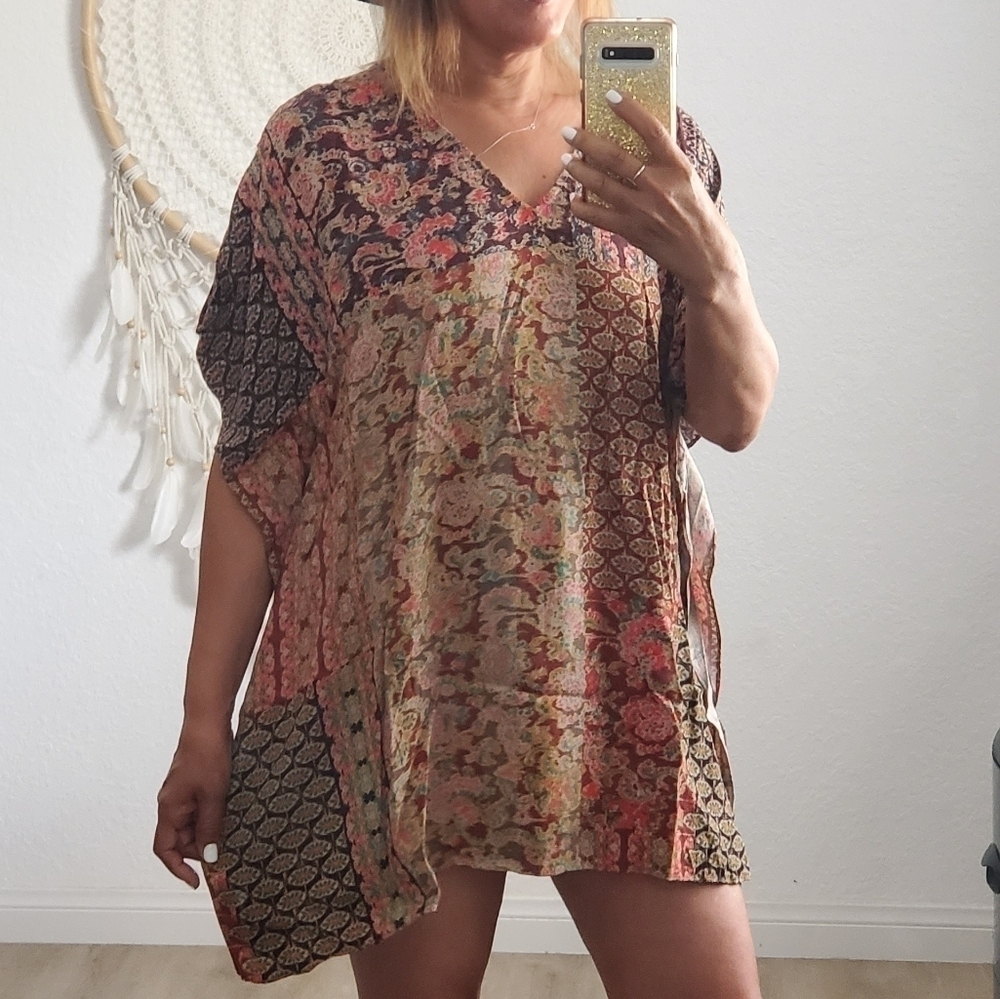Zara Mixed Print Multi-Color Patchwork  Longline Tunic Caftan coverup